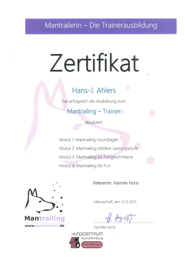 Zertifikat Hans-J. Ahlers-Mantrailing-Trainer