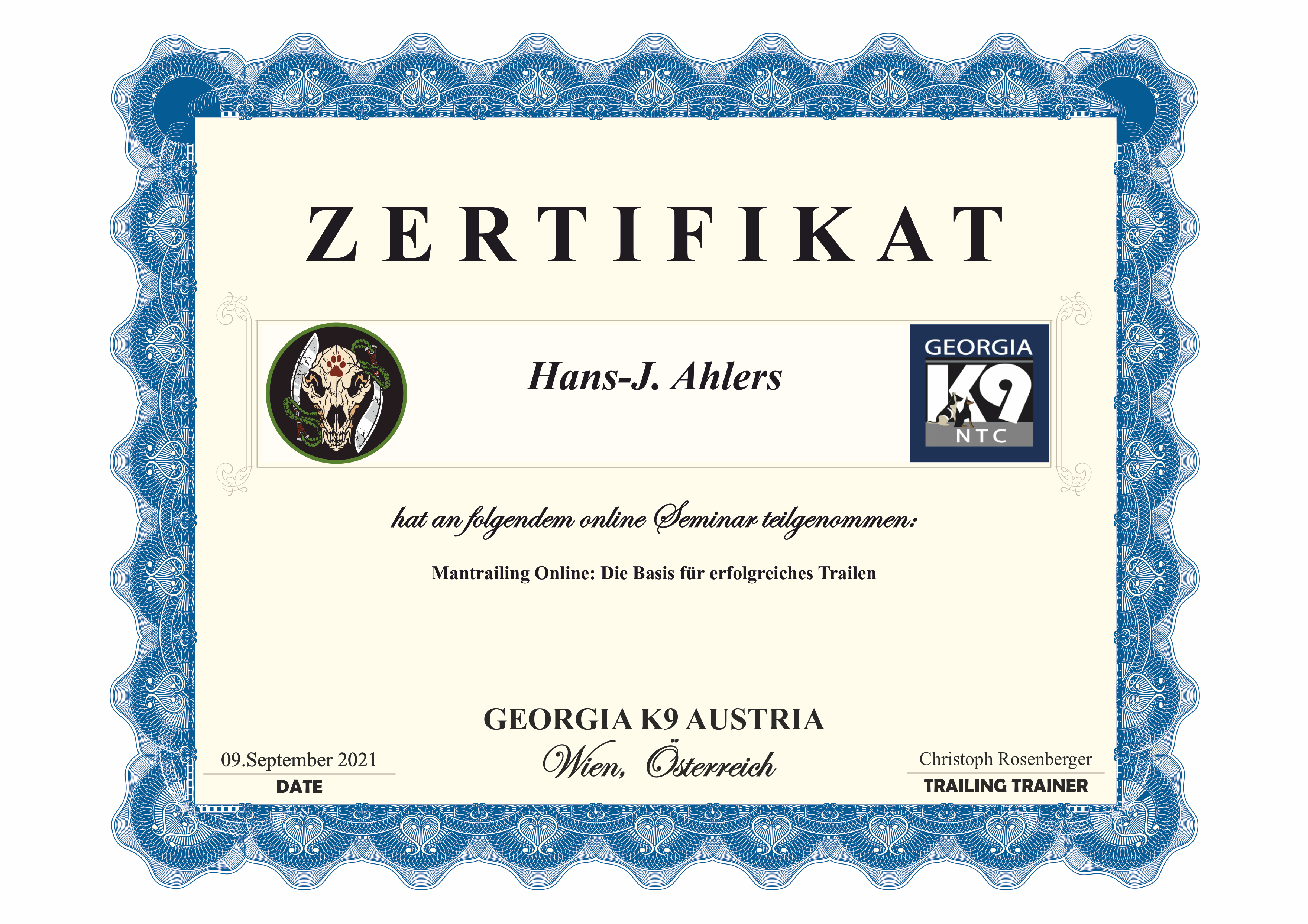 Zertifikat Hans-J. Ahlers -Seminar-Teilnahme K9-Gorgia-Austria